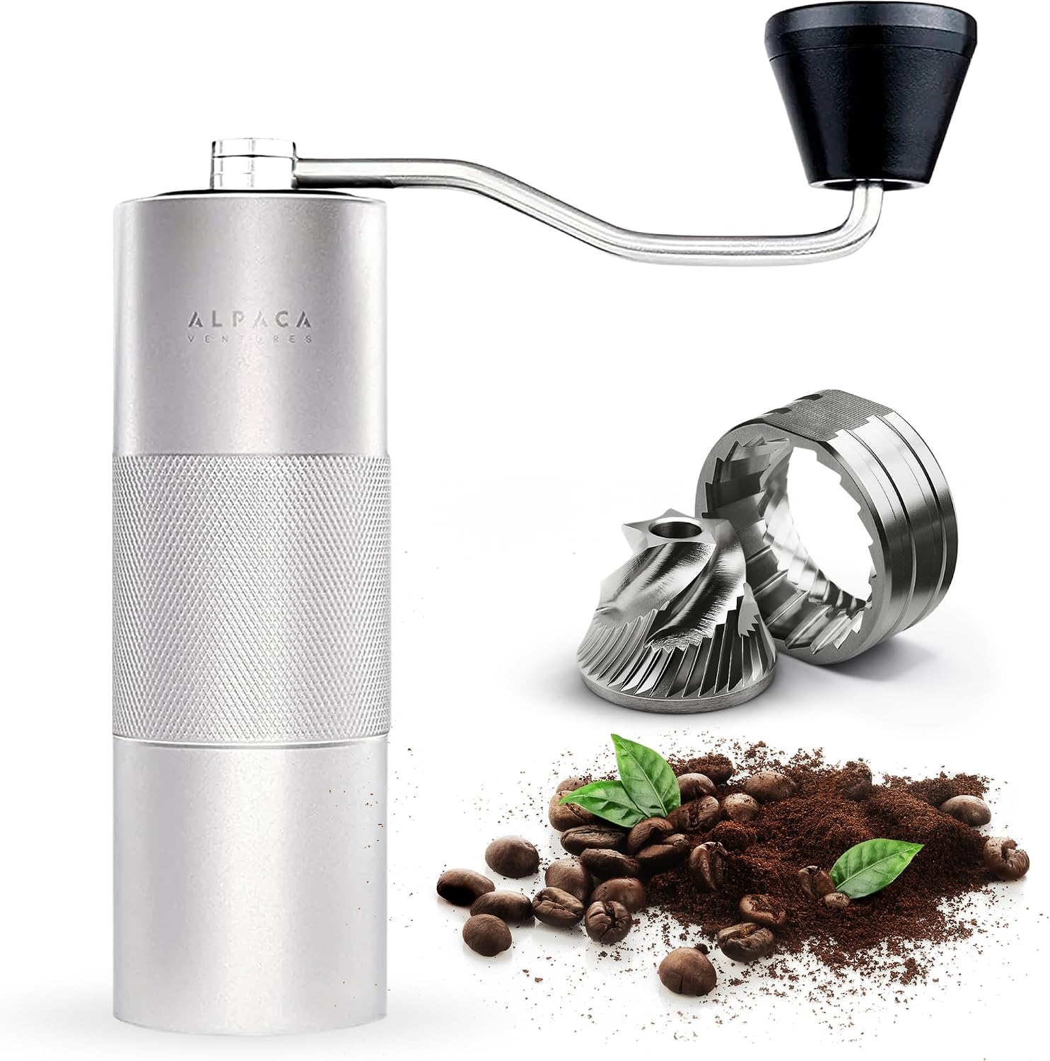Silver Alpaca manual coffee grinder with a black crank knob, cleaning brush, conical burr set and coffee beans